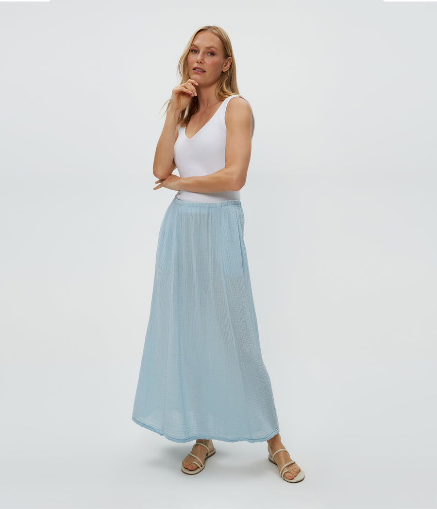 Phoebe Maxi Skirt in Fountain Blue Close Up View #FOUNTAIN