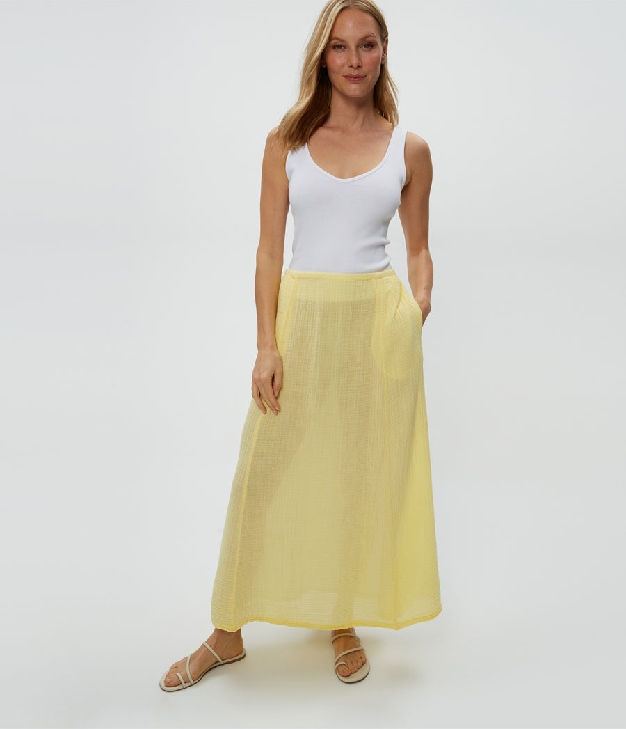 Phoebe Maxi Skirt in Lemonade Yellow Close Up View #LEMONADE