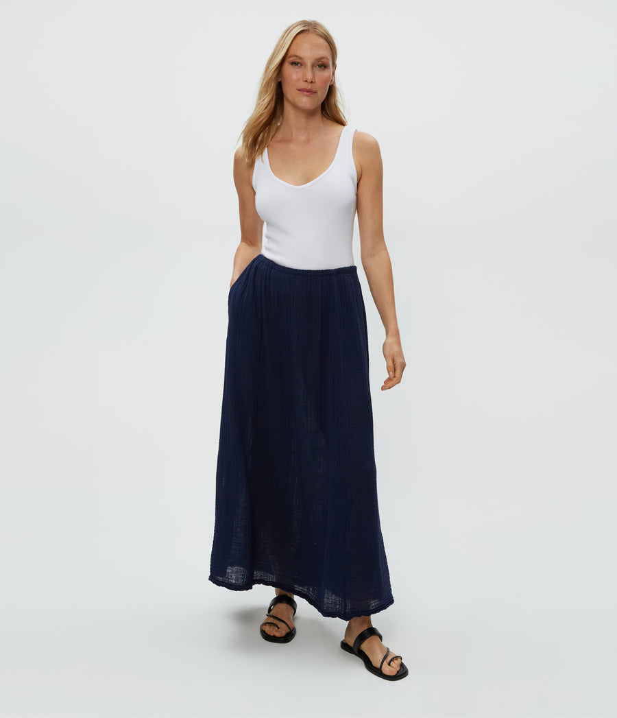 Phoebe Maxi Skirt in Nocturnal Blue Close Up View #NOCTURNAL