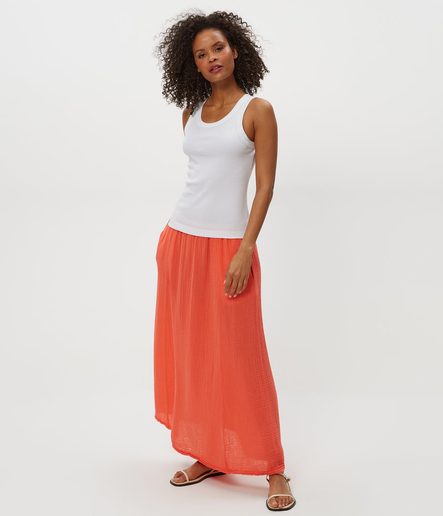 PHOEBE MAXI SKIRT in PERSIMMON ORANGE Close up View #PERSIMMON
