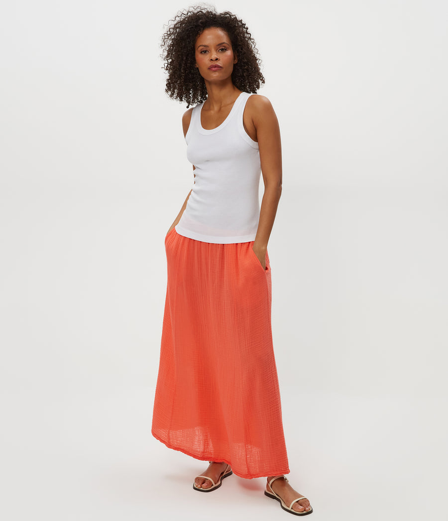 PHOEBE MAXI SKIRT in PERSIMMON ORANGE Full Body View #PERSIMMON