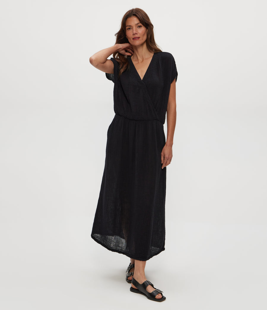 Rylee Gauze Midi Dress in Black  Close Up View #BLACK