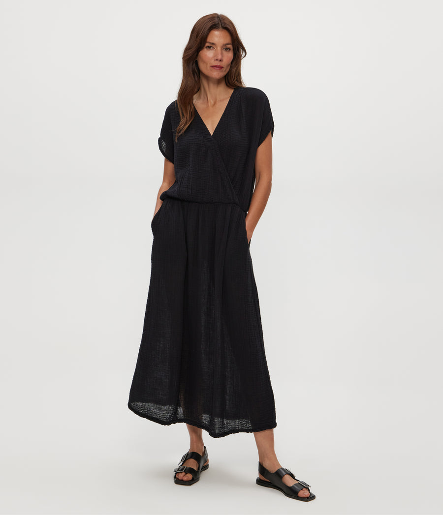 Rylee Gauze Midi Dress in Black  Full Body View #BLACK