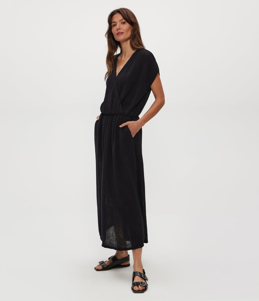 Rylee Gauze Midi Dress in Black  Side View #BLACK
