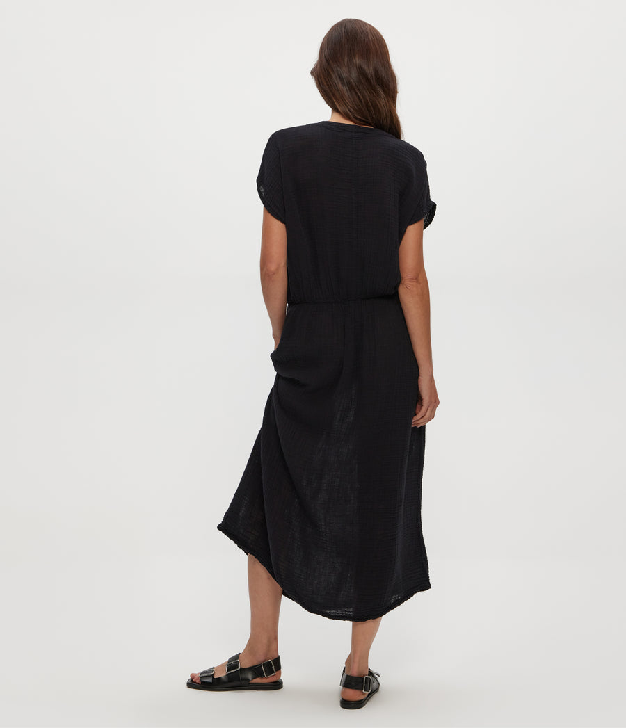 Rylee Gauze Midi Dress in Black  Back View #BLACK