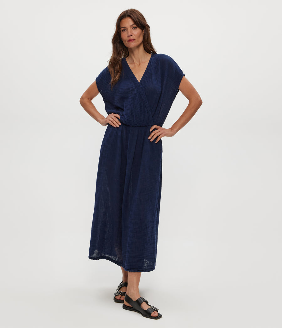 Rylee Gauze Midi Dress in Nocturnal Blue Close Up View #NOCTURNAL