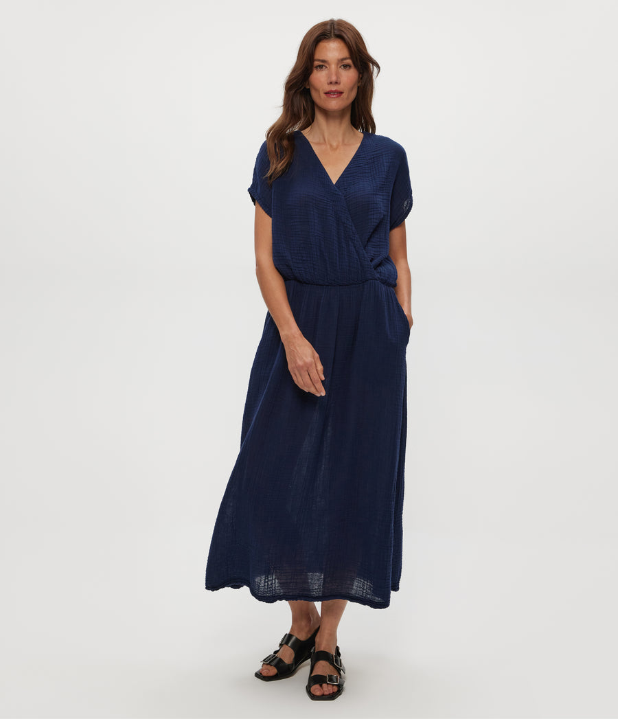 Rylee Gauze Midi Dress in Nocturnal Blue Full Body View #NOCTURNAL