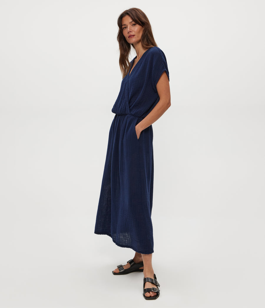 Rylee Gauze Midi Dress in Nocturnal Blue Side View #NOCTURNAL
