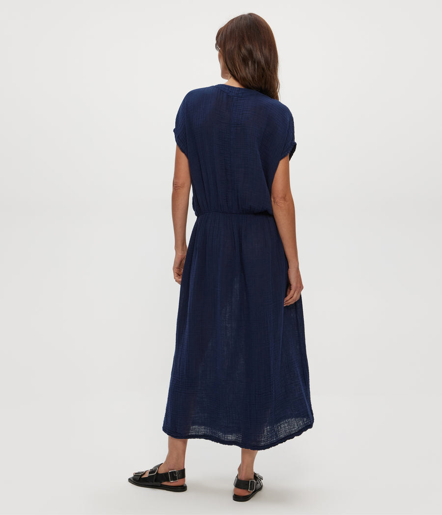 Rylee Gauze Midi Dress in Nocturnal Blue Back View #NOCTURNAL