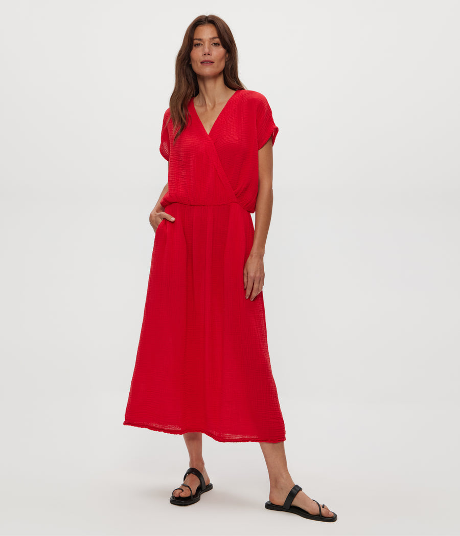 Rylee Gauze Midi Dress in Rumba Red Full Body View #RUMBA