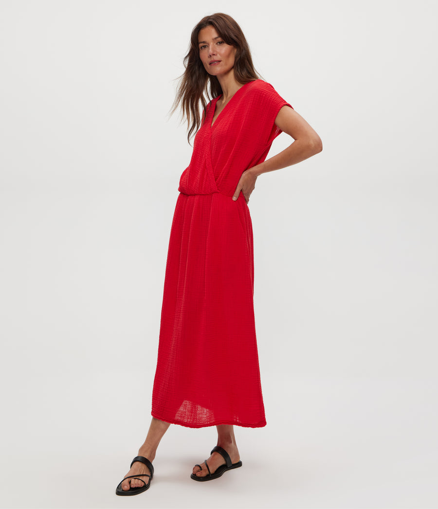 Rylee Gauze Midi Dress in Rumba Red Side View #RUMBA