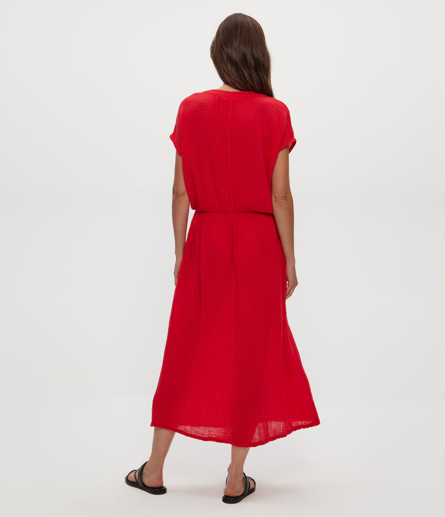 Rylee Gauze Midi Dress in Rumba Red Back View #RUMBA