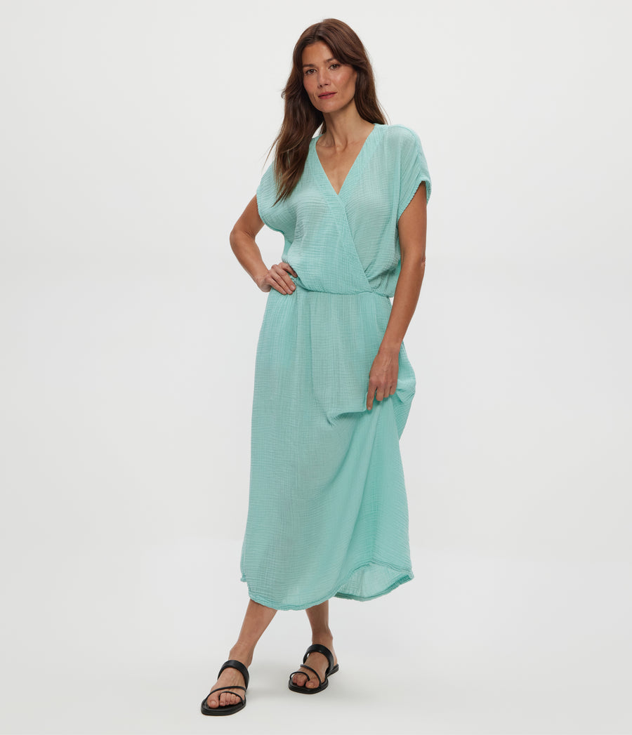 Rylee Gauze Midi Dress in SERENE BLUE Close Up View #SERENE