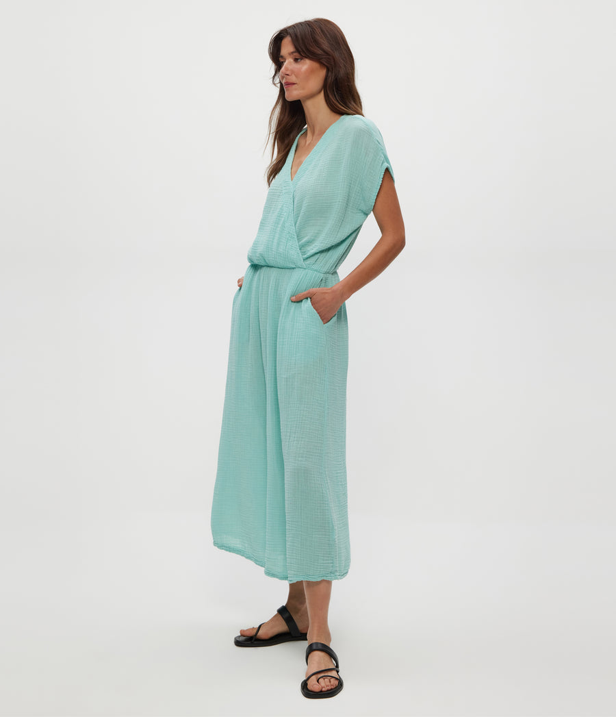 Rylee Gauze Midi Dress in SERENE BLUE Side View #SERENE