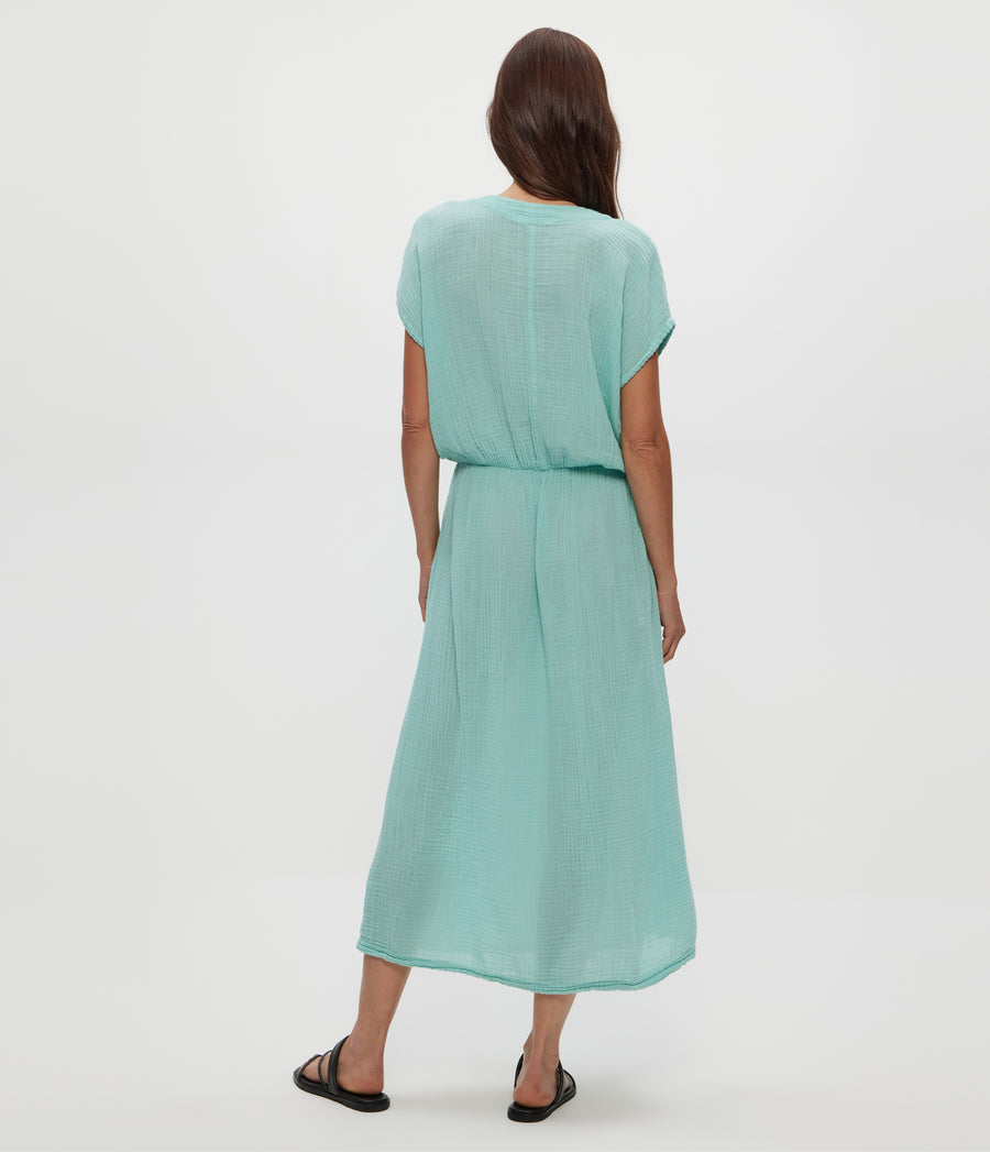 Rylee Gauze Midi Dress in SERENE BLUE Back View #SERENE