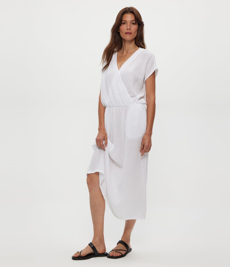 Rylee Gauze Midi Dress in White  Close Up View #WHITE