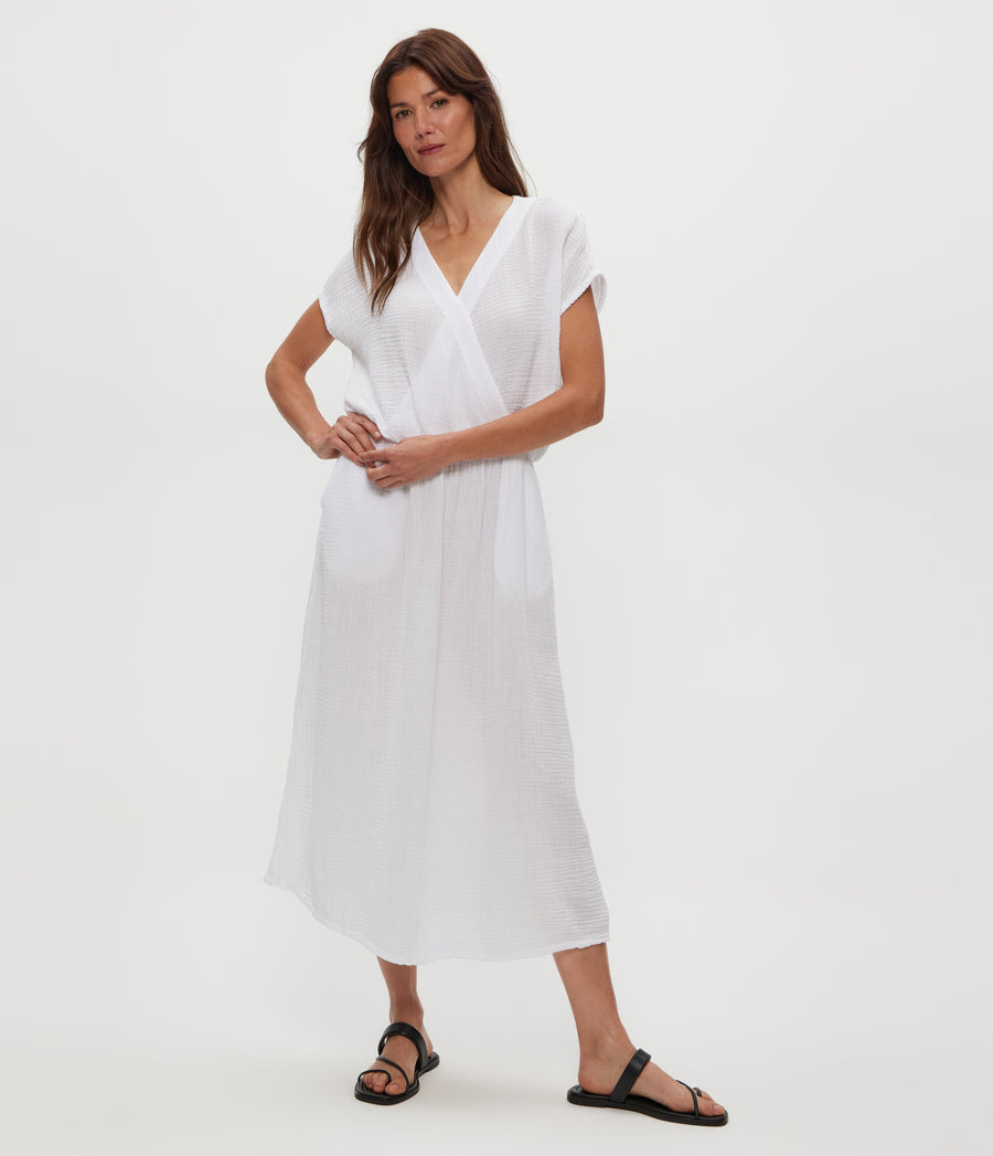 Rylee Gauze Midi Dress in White  Full Body View #WHITE