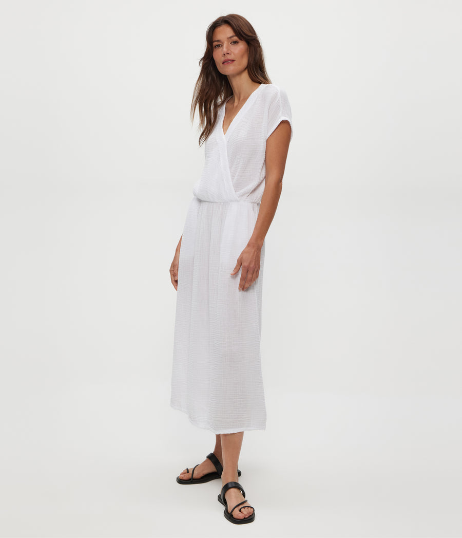 Rylee Gauze Midi Dress in White  Side View #WHITE