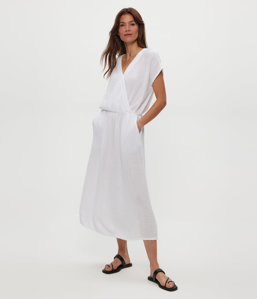 Rylee Gauze Midi Dress in White  Side View #WHITE