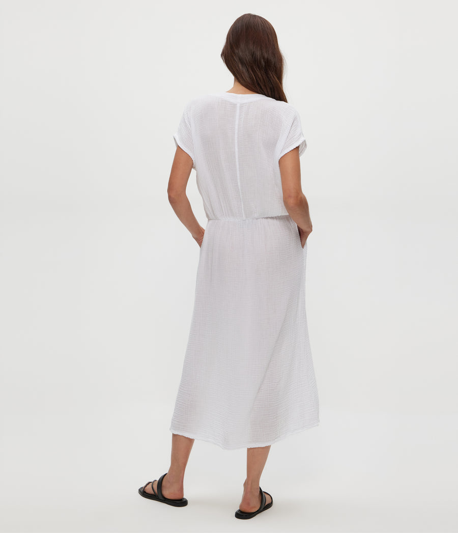 Rylee Gauze Midi Dress in White  Back View #WHITE