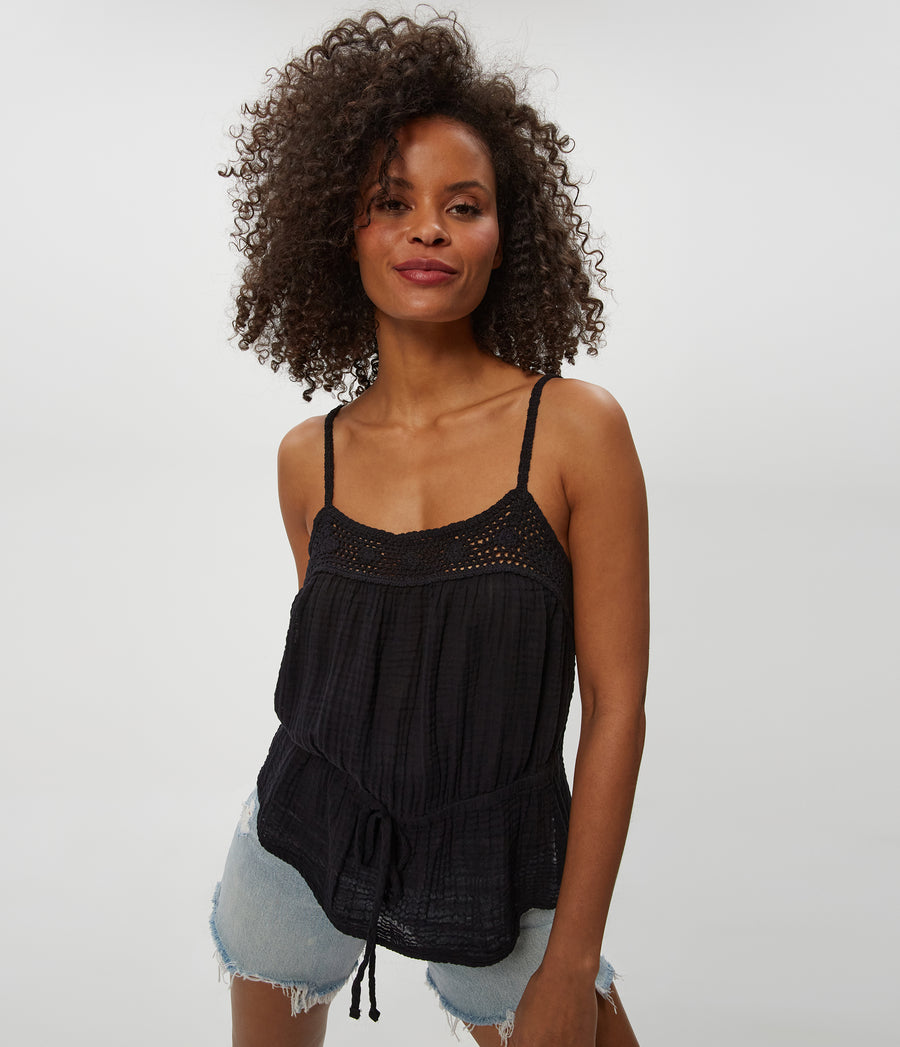 Dahlia Crochet Trim Waist Tie Tank in Black Close up View #BLACK