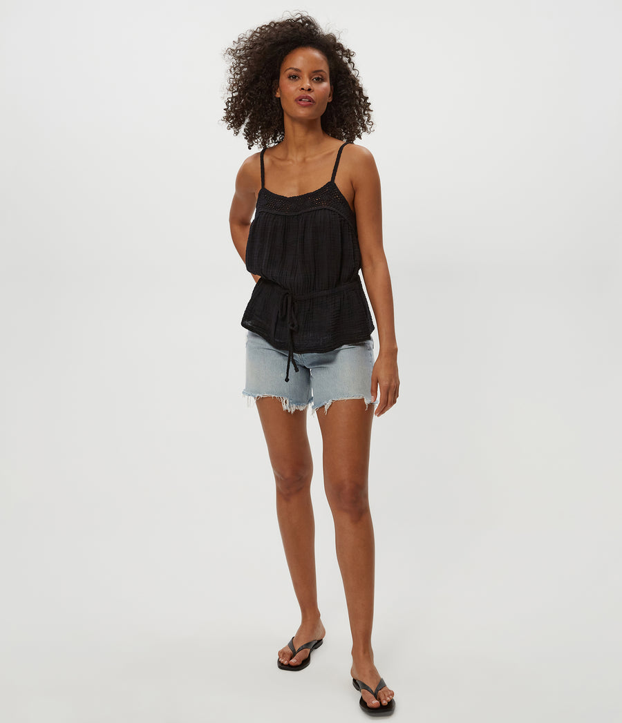 Dahlia Crochet Trim Waist Tie Tank in Black Full Body View #BLACK