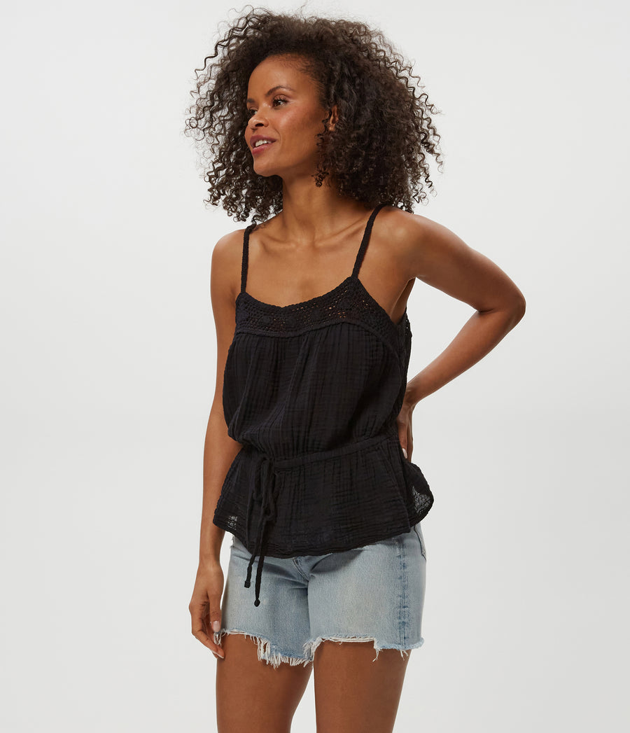 Dahlia Crochet Trim Waist Tie Tank in Black Side View #BLACK