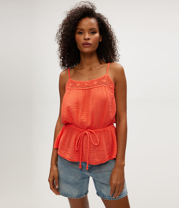 DAHLIA WAIST TIE TANK in PERSIMMON ORANGE Close up View  #PERSIMMON