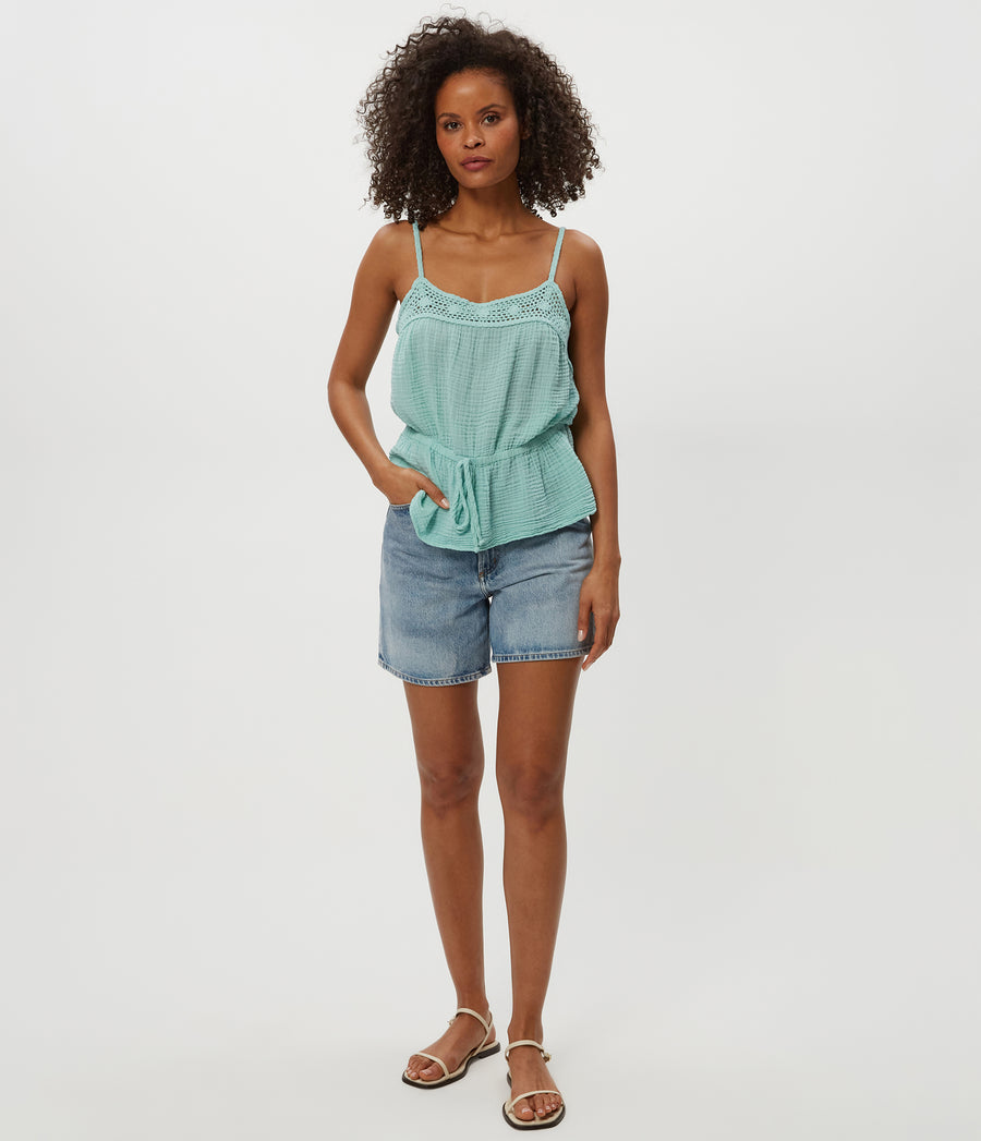Dahlia Crochet Trim Waist Tie Tank in  SERENE BLUE Body View #SERENE