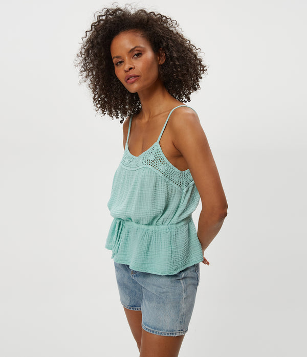 Dahlia Crochet Trim Waist Tie Tank in  SERENE BLUE Side View #SERENE