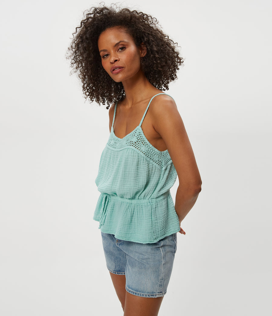 Dahlia Crochet Trim Waist Tie Tank in  SERENE BLUE Side View #SERENE