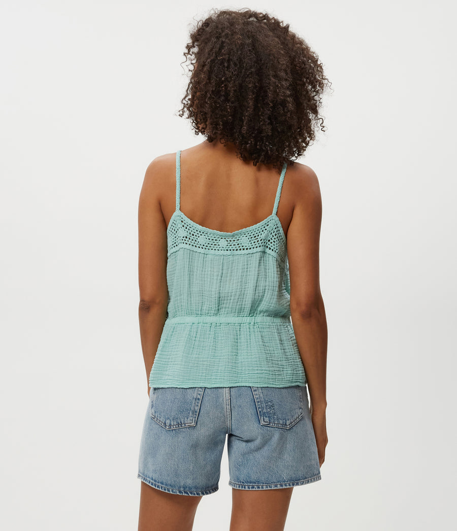 Dahlia Crochet Trim Waist Tie Tank in  SERENE BLUE Back View #SERENE