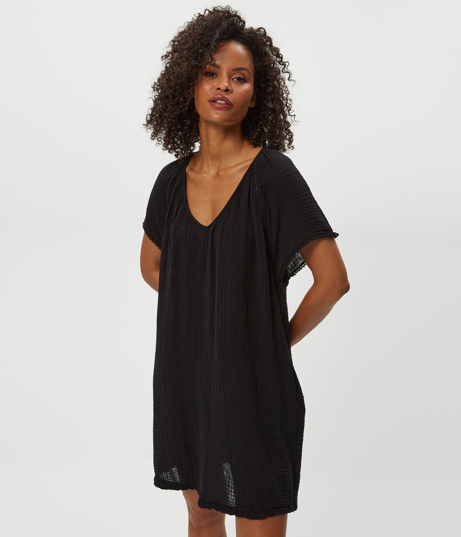 Sky Gauze Dress in Black Close up View #BLACK