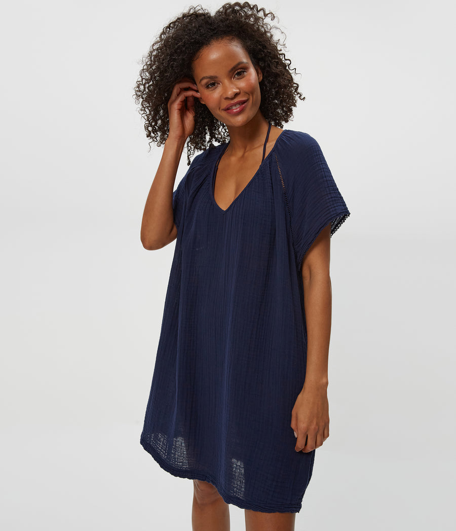 Sky Gauze Dress in Nocturnal Blue Close up View  #NOCTURNAL