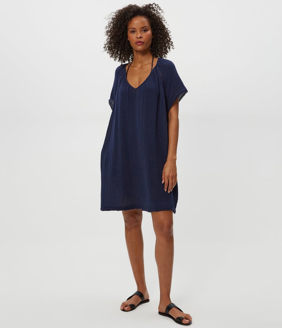 Sky Gauze Dress in Nocturnal Blue Full Body View #NOCTURNAL