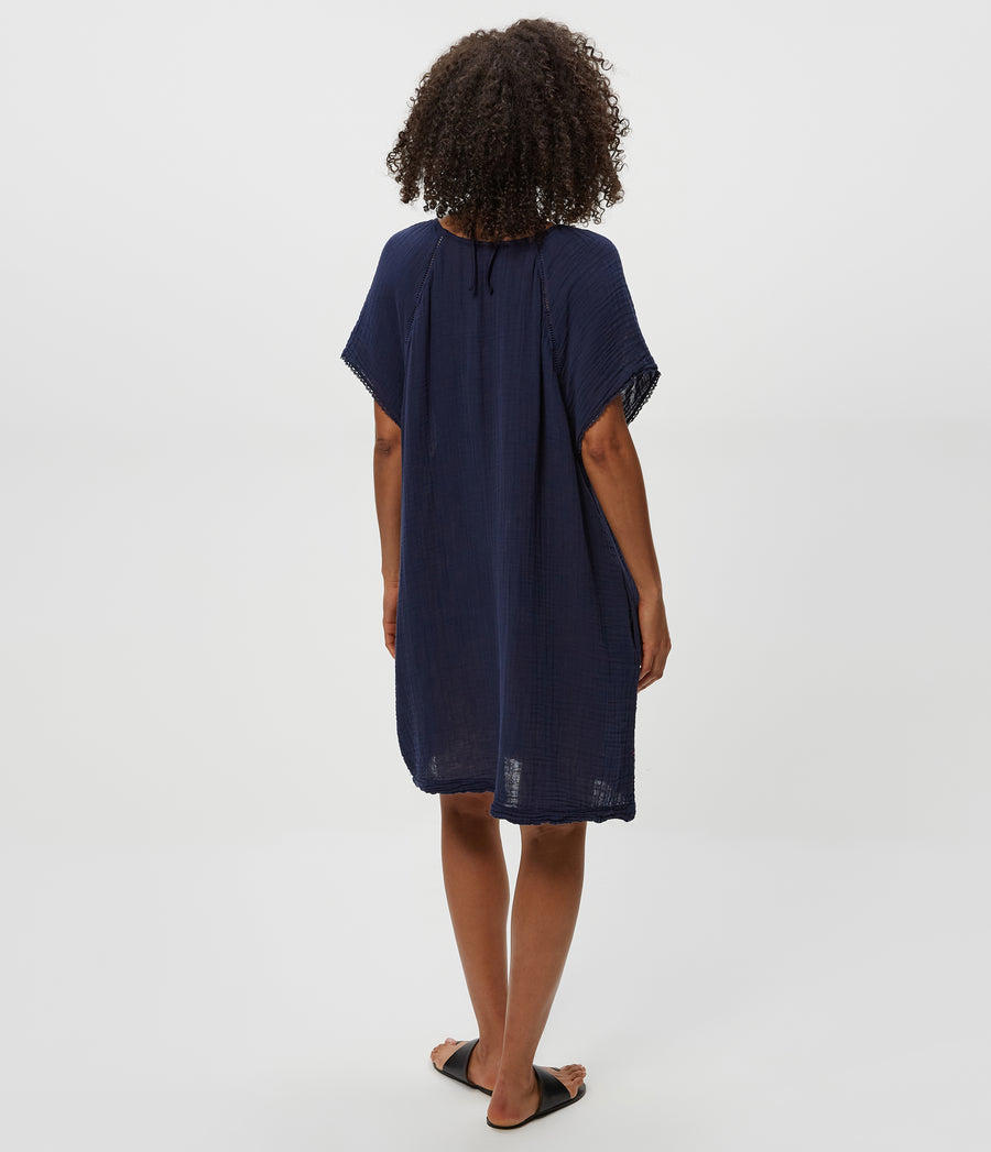 Sky Gauze Dress in Nocturnal Blue Back View  #NOCTURNAL