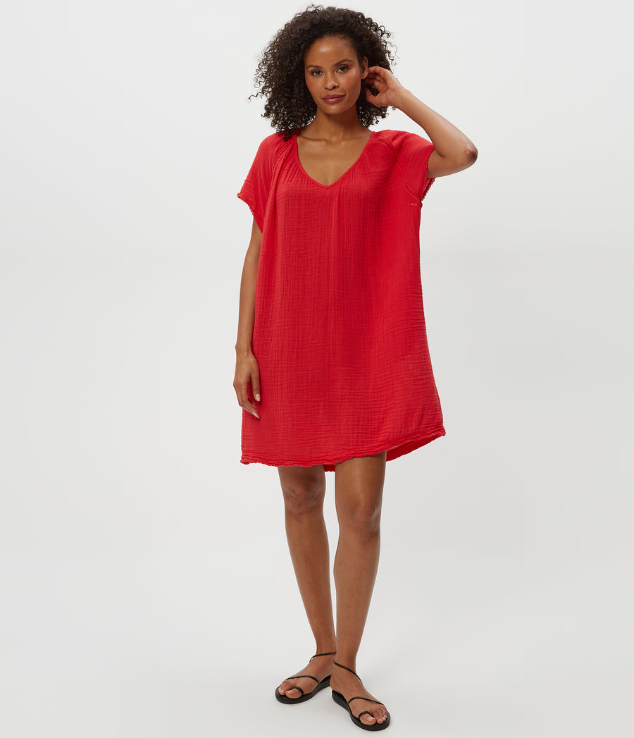 Sky Gauze Dress in Rumba Red Close up View #RUMBA