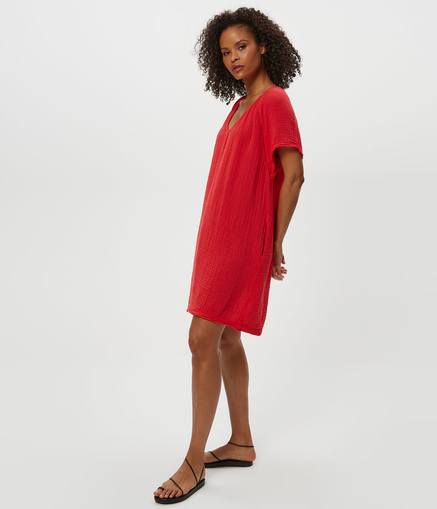 Sky Gauze Dress in Rumba Red Side View #RUMBA