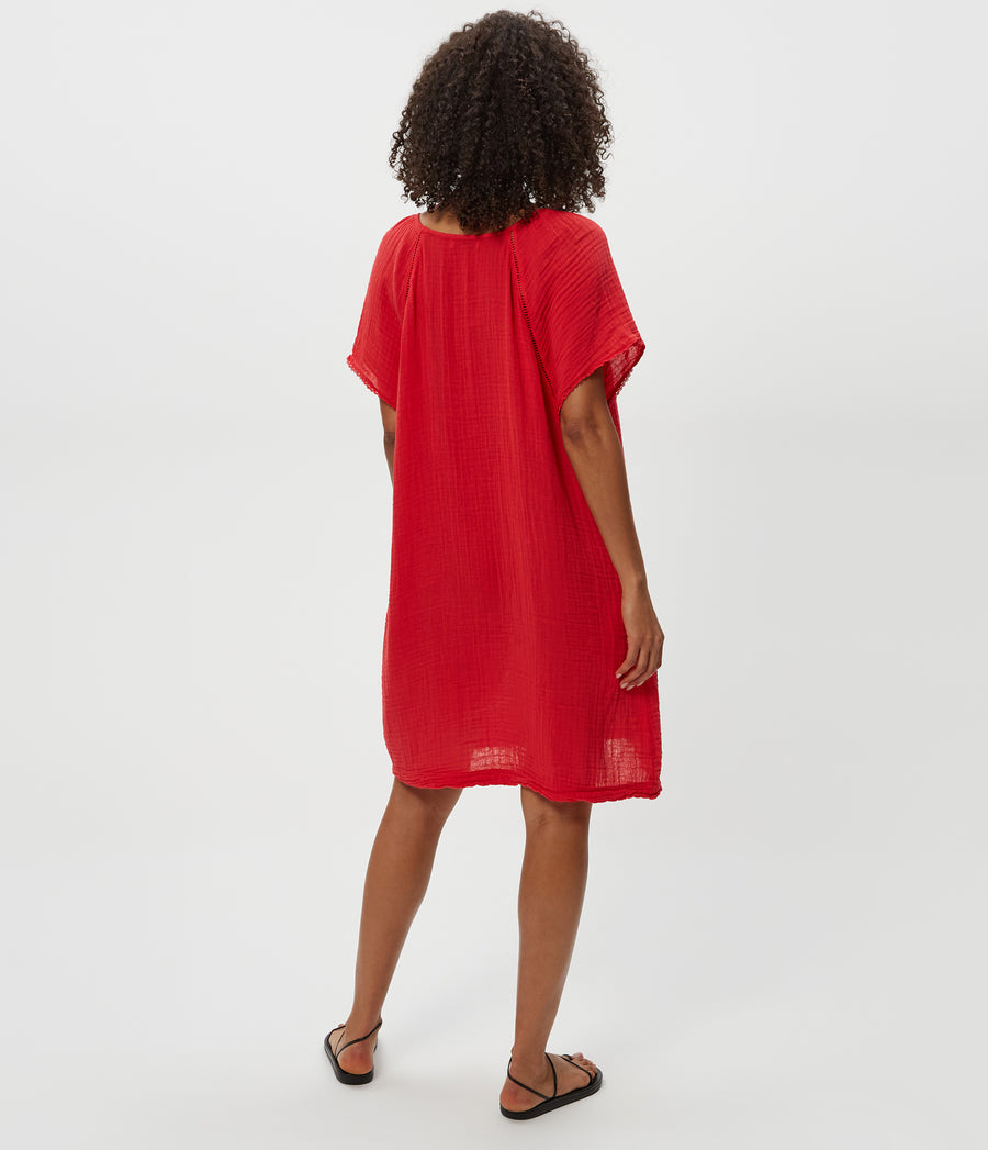 Sky Gauze Dress in Rumba Red Back View #RUMBA