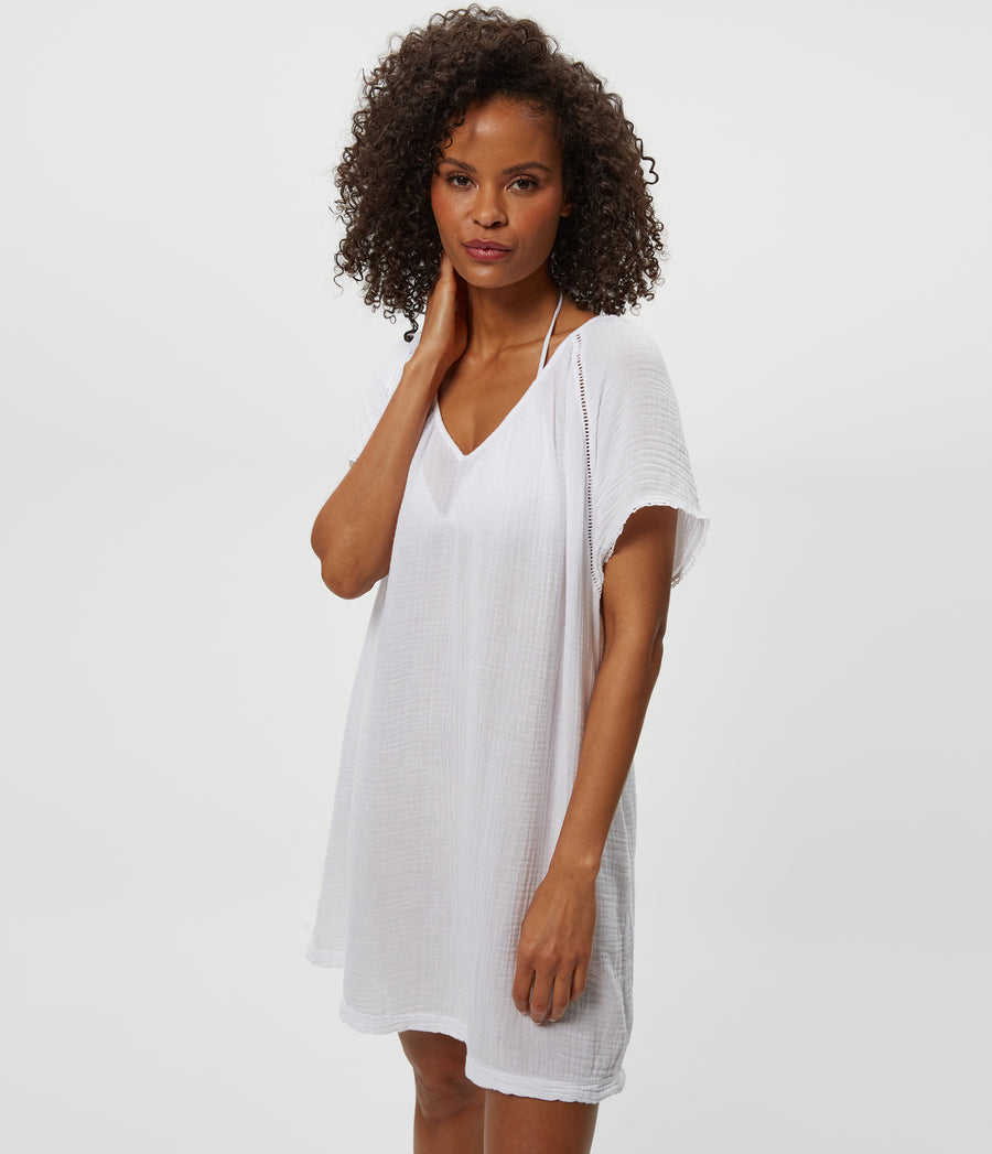 Sky Gauze Dress in White Close up View #WHITE