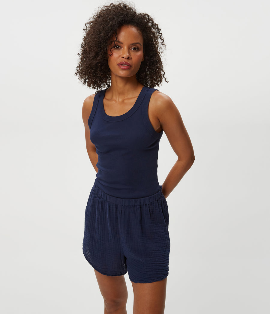 DREAM FLUTTER SHORT in Nocturnal Blue Close up View  #NOCTURNAL