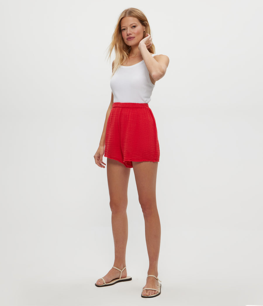 DREAM FLUTTER SHORT in Rumba Red Close Up View #RUMBA