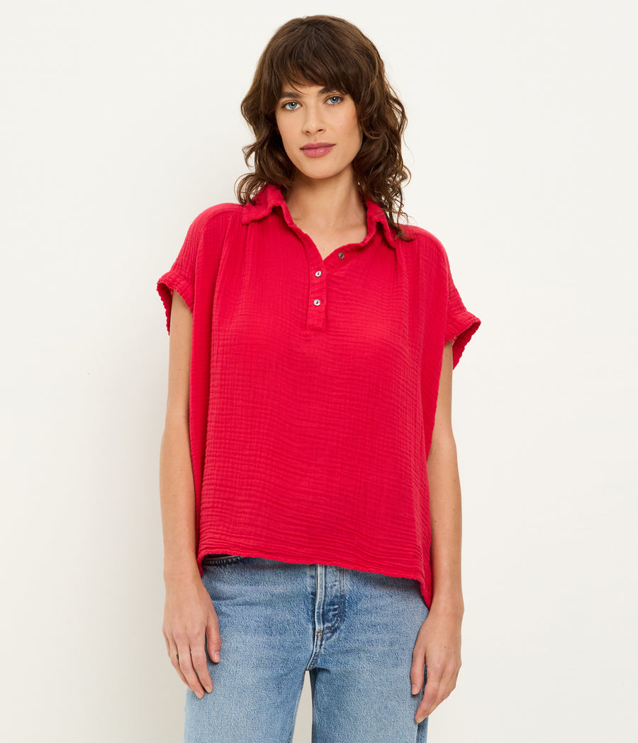 Avalon Gauze Top in LACQUER RED Close up View #LACQUER