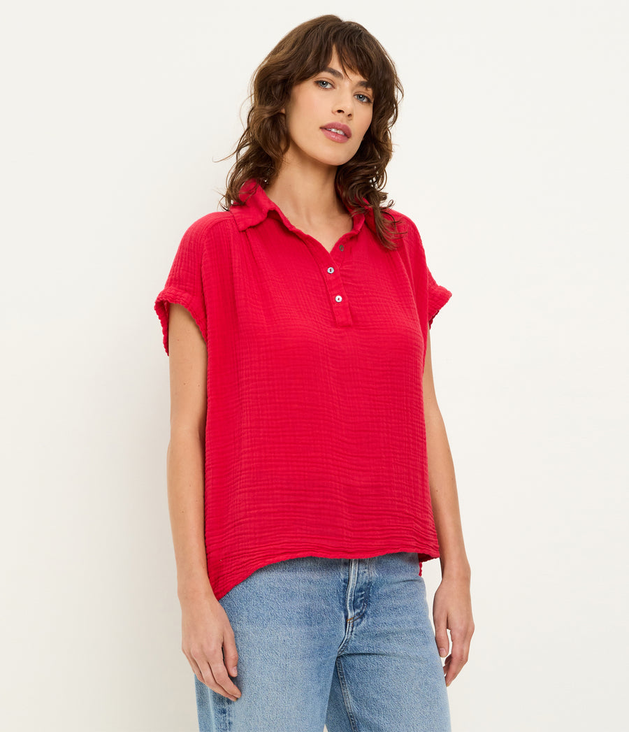 Avalon Gauze Top in LACQUER RED Full Body View #LACQUER