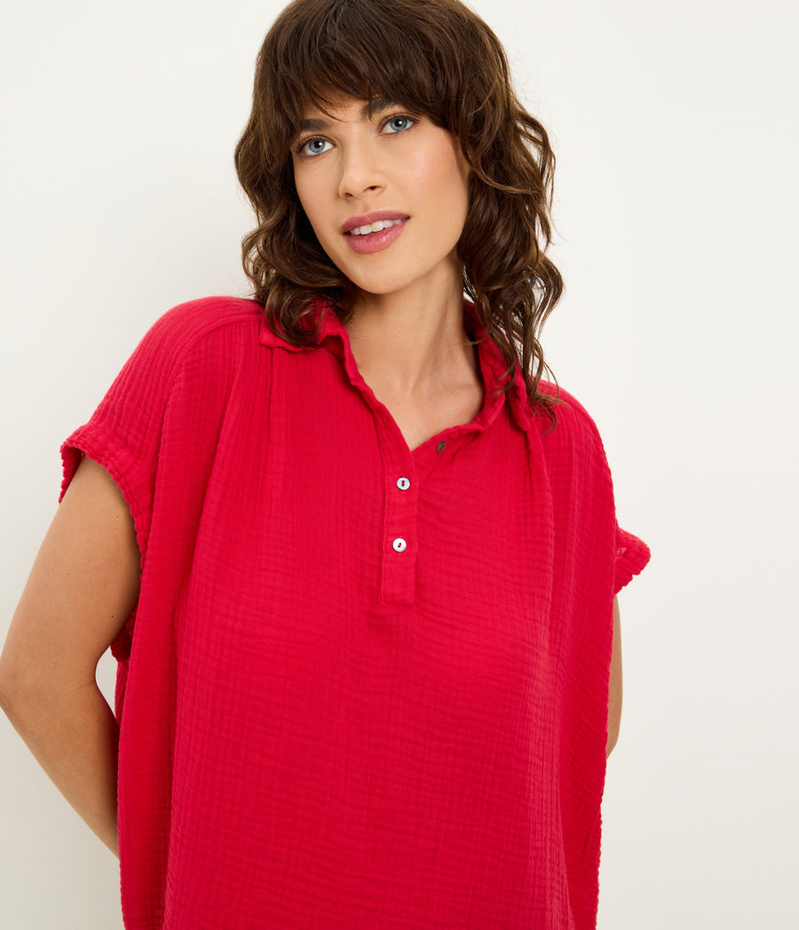 Avalon Gauze Top in LACQUER RED Close up View #LACQUER
