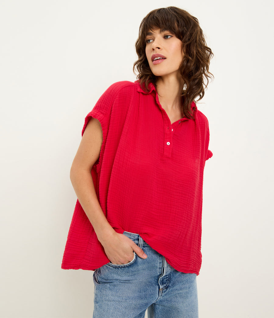 Avalon Gauze Top in LACQUER RED Close up View #LACQUER