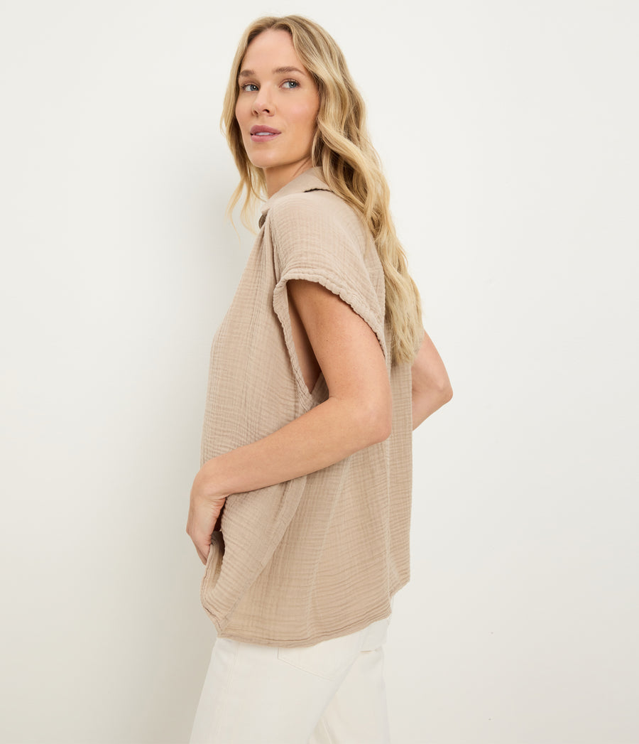 Avalon Gauze Top in  MACADAMIA Beige Side View #MACADAMIA