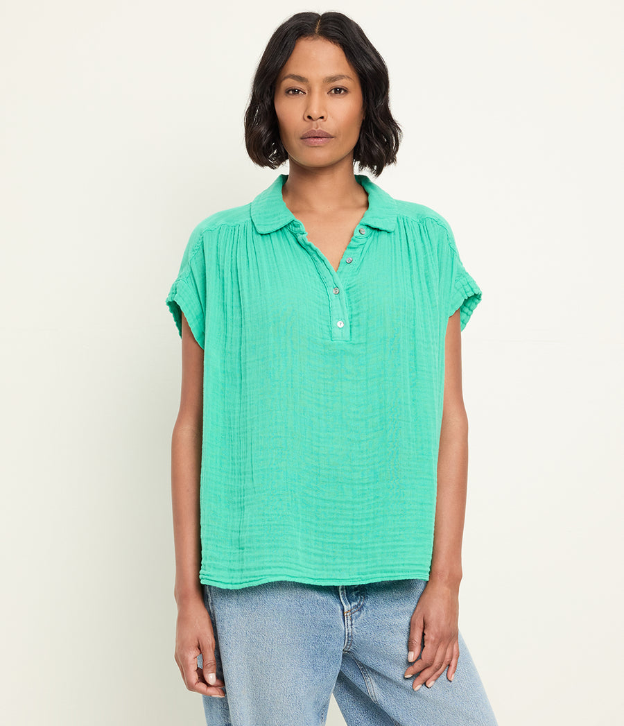 Avalon Gauze Top in MALDIVES Green Full Body View #MALDIVES