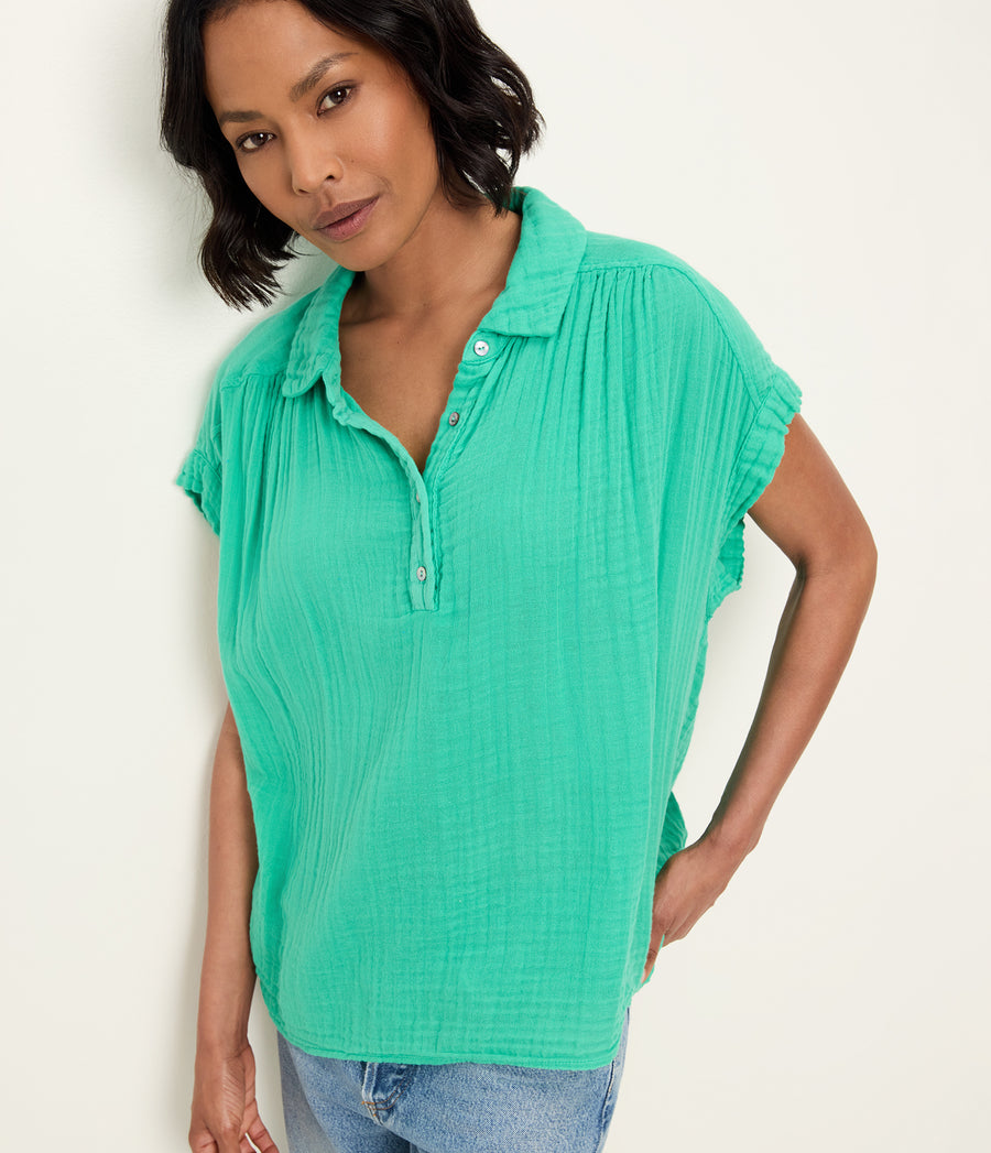 Avalon Gauze Top in MALDIVES Green Close up View #MALDIVES