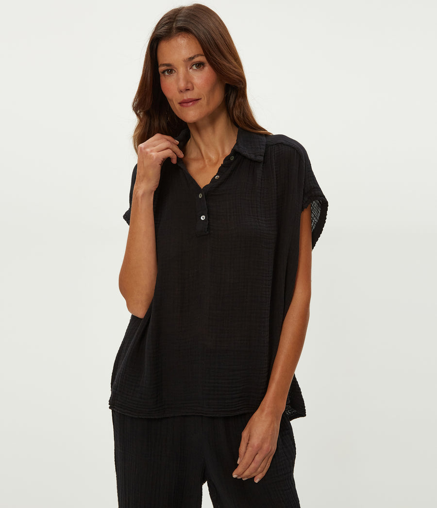 AVALON GAUZE TOP in Black Close Up View #BLACK